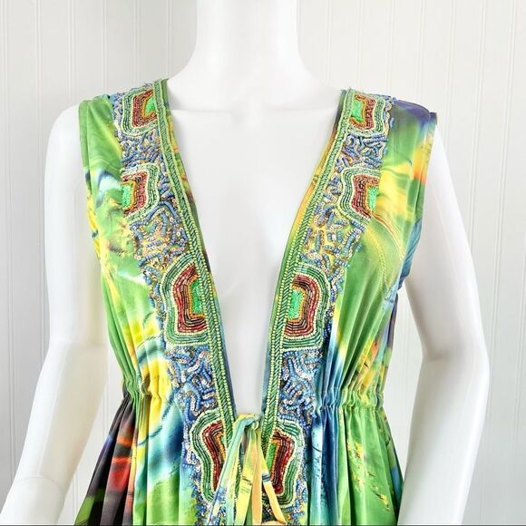 𝅺SHAHIDA Parides V-Neck Long Maxi in Green With Pockets Size M/L - Picture 4 of 16
